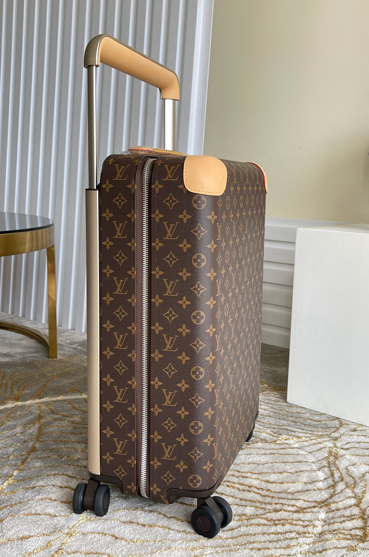 Luxury Brown Monogram Rolling Carry-On Suitcase with Spinner Wheels