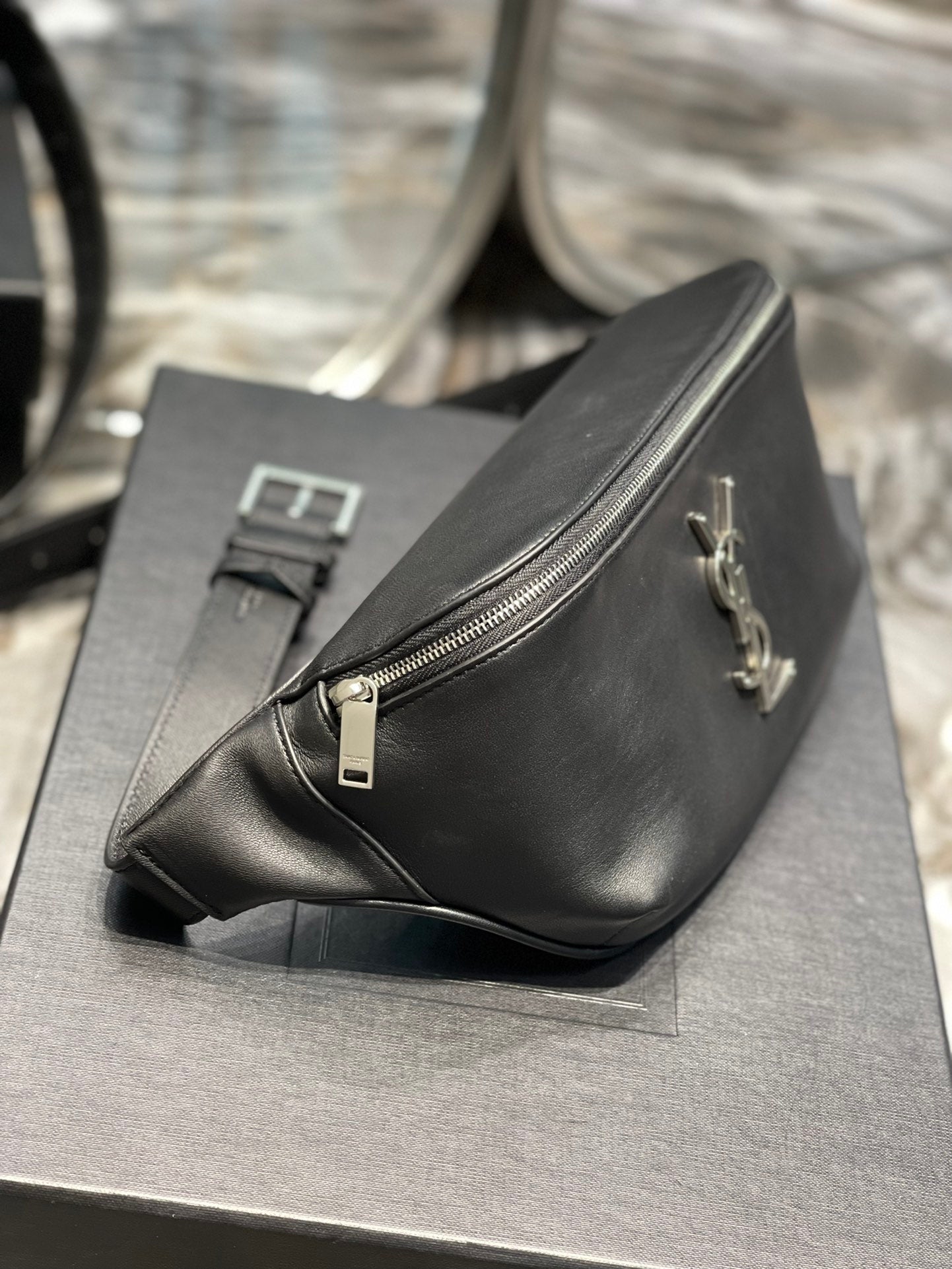 Saint Laurent Cassandre Leather Belt Bag in Black with Silver Hardware
