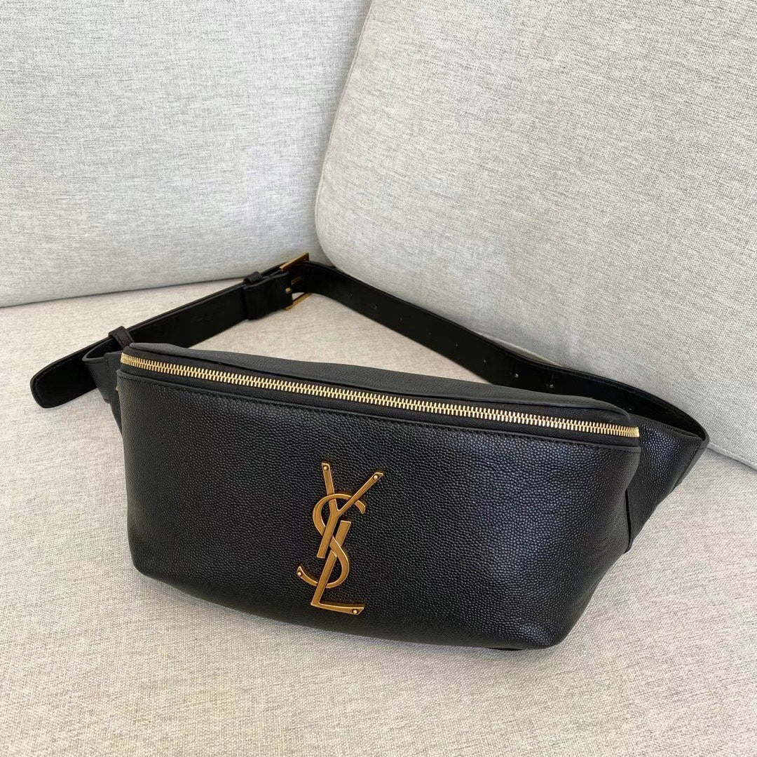 Saint Laurent Cassandre Grained Leather Belt Bag - Black/Gold