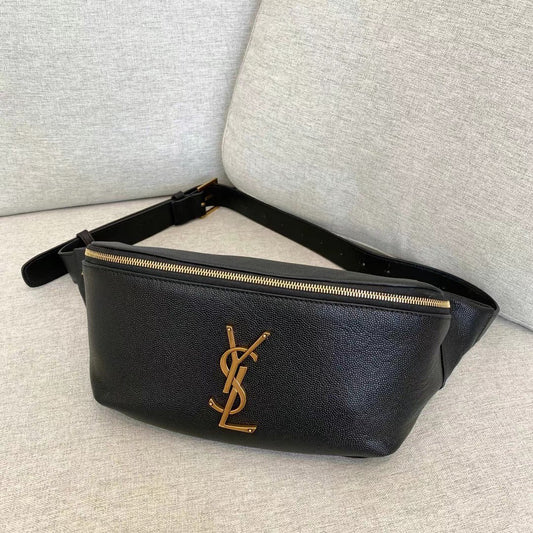 Saint Laurent Cassandre Grained Leather Belt Bag - Black/Gold