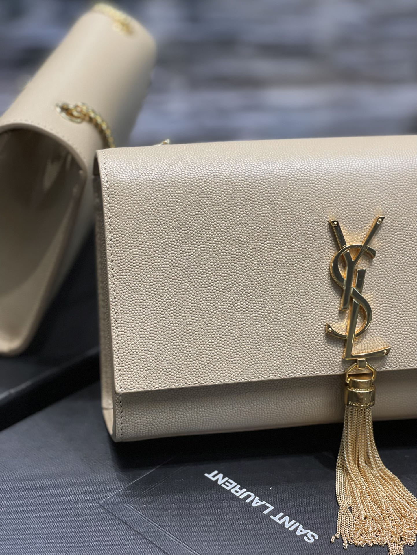 Saint Laurent Kate Small Tassel Chain Bag in Beige Leather