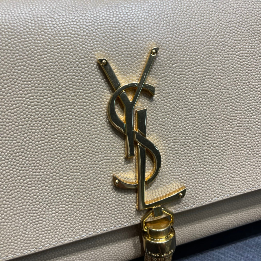 Saint Laurent Kate Small Tassel Chain Bag in Beige Leather