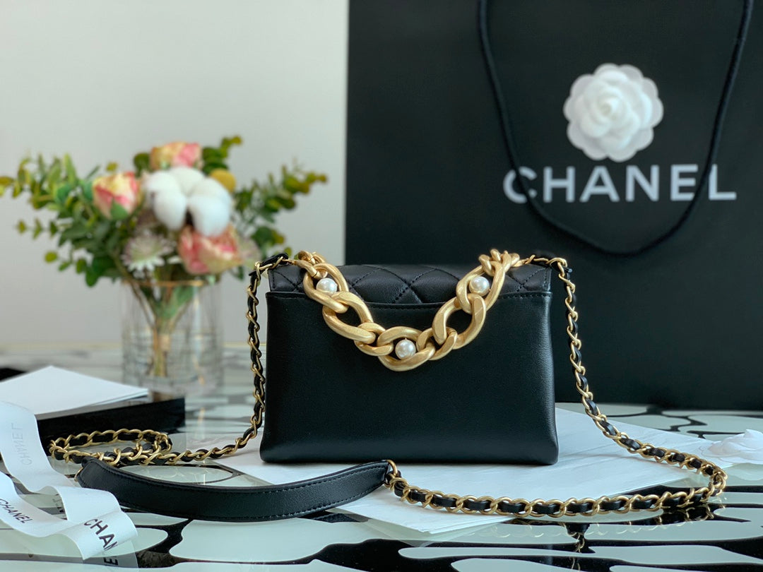 Chanel Black Quilted Lambskin Mini Flap Bag with Pearl-Accented Chunky Gold Chain