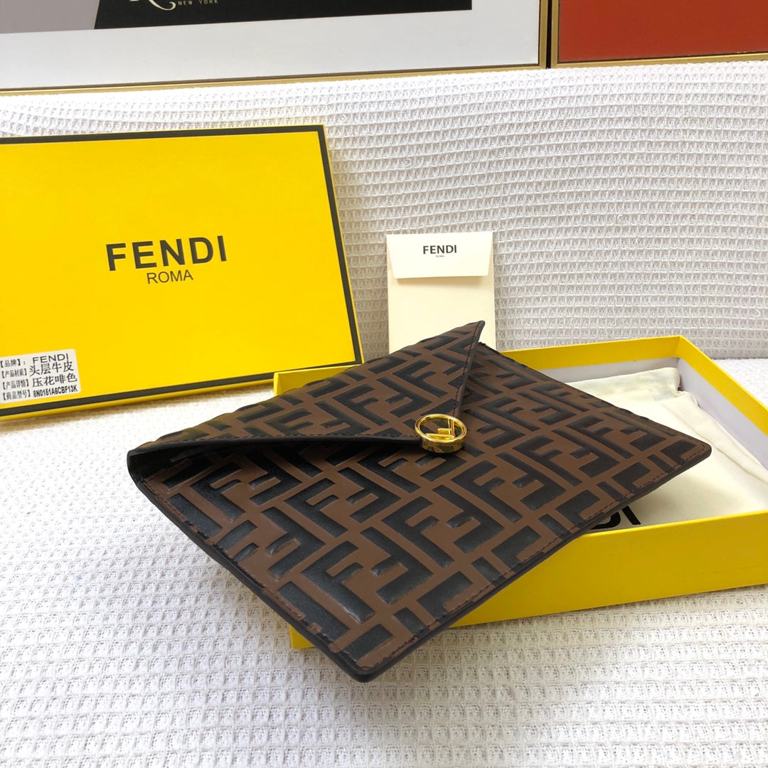 Fendi Brown FF Embossed Leather Envelope Pouch Clutch Bag