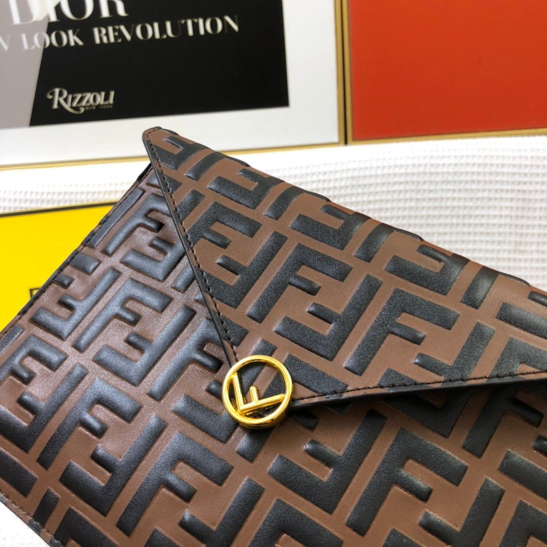 Fendi Brown FF Embossed Leather Envelope Pouch Clutch Bag