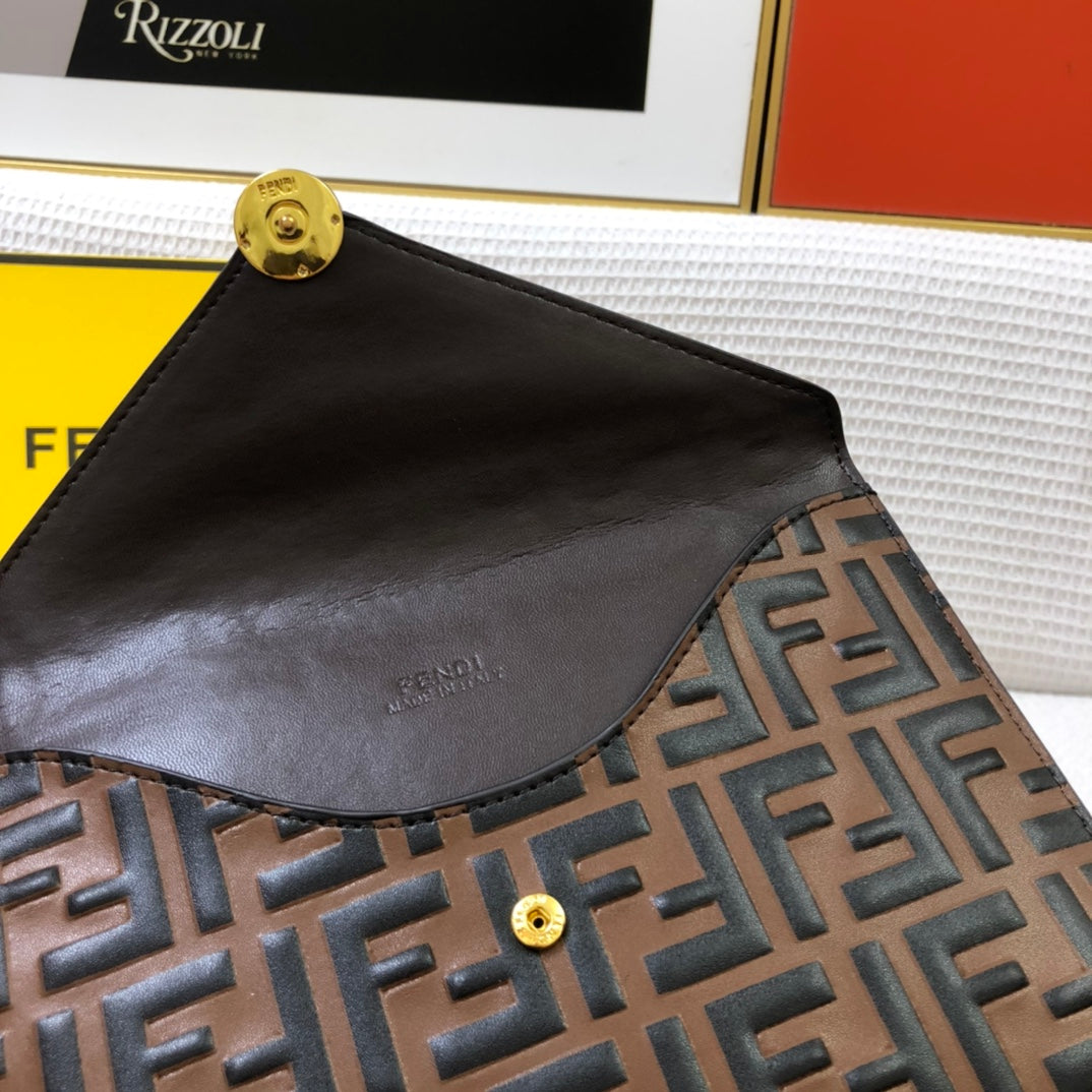 Fendi Brown FF Embossed Leather Envelope Pouch Clutch Bag