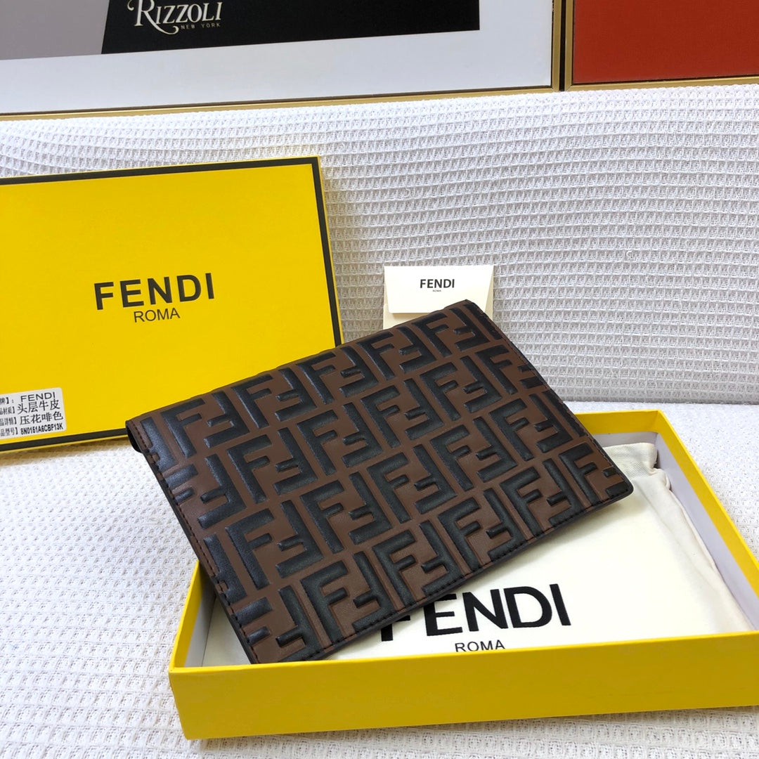 Fendi Brown FF Embossed Leather Envelope Clutch Pouch with Packaging