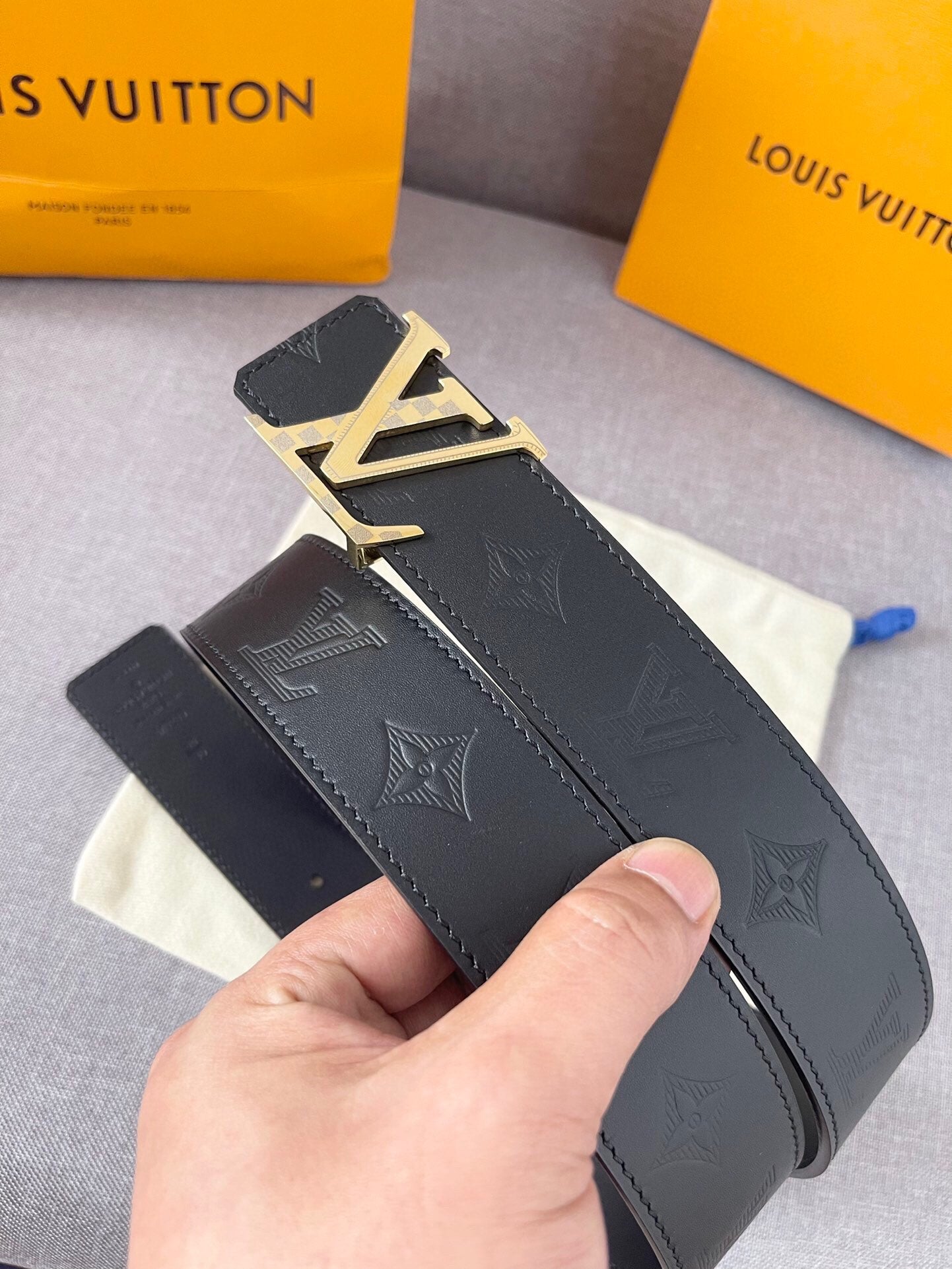 Louis Vuitton LV Initiales Belt Monogram Shadow Black Leather with Gold Buckle, 40mm Men's Designer Fashion Accessory with Box and Dust Bag