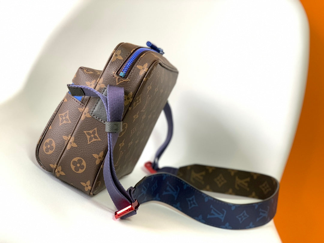 Louis Vuitton Brown Monogram Pattern Crossbody Messenger Bag with Blue Accent