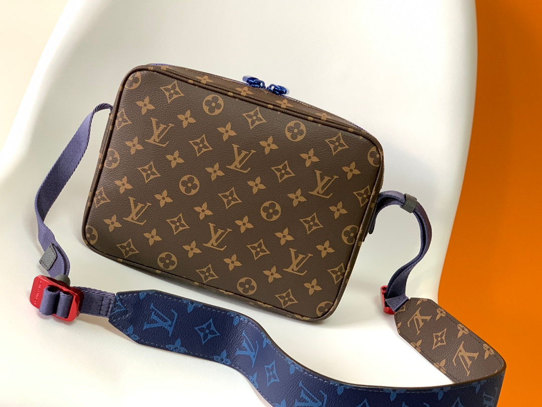 Louis Vuitton Brown Monogram Pattern Crossbody Messenger Bag with Blue Accent