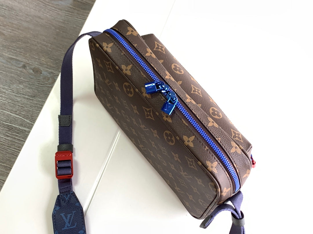 Louis Vuitton Brown Monogram Pattern Crossbody Messenger Bag with Blue Accent