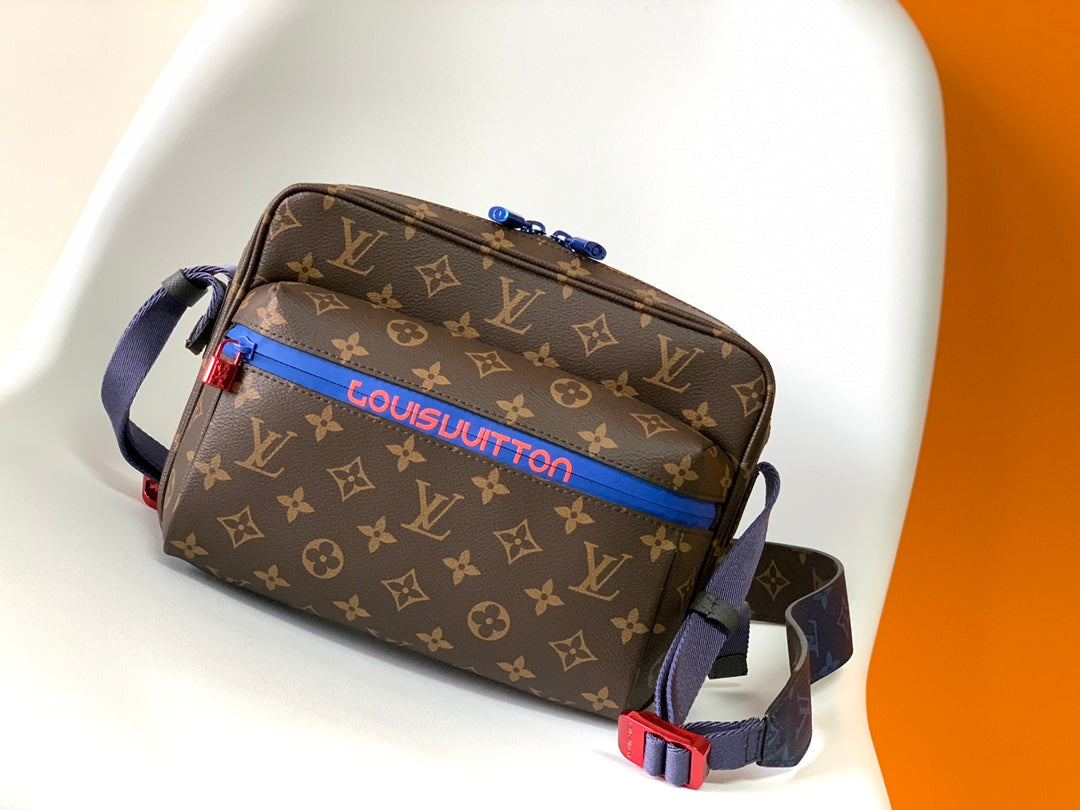 Louis Vuitton Brown Monogram Pattern Crossbody Messenger Bag with Blue Accent