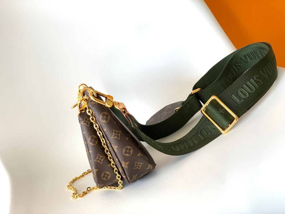 Louis Vuitton Classic Monogram Canvas Double Pouch Crossbody Bag with Green Strap