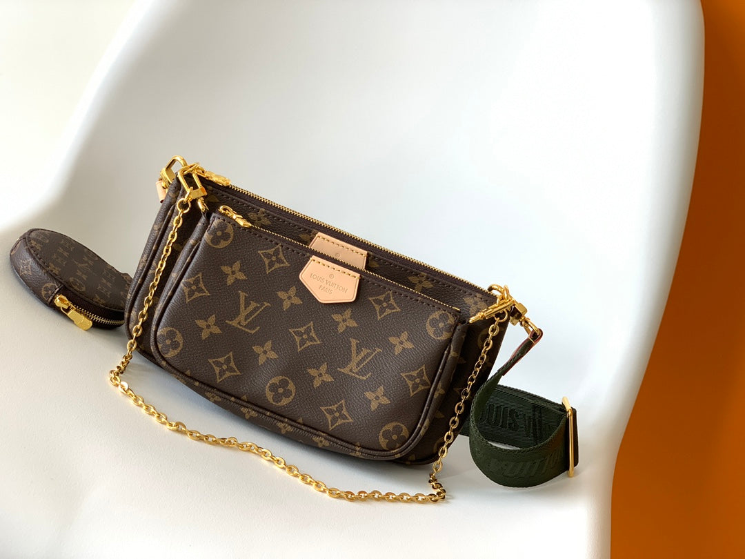 Louis Vuitton Classic Monogram Canvas Double Pouch Crossbody Bag with Green Strap