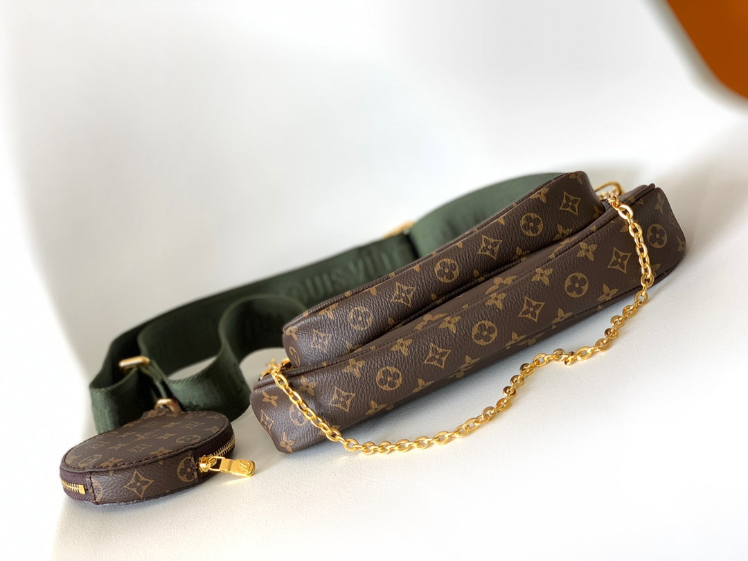 Louis Vuitton Classic Monogram Canvas Double Pouch Crossbody Bag with Green Strap