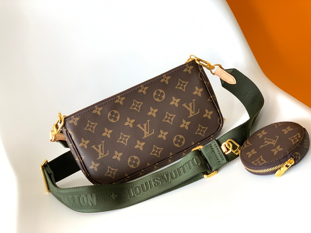 Louis Vuitton Classic Monogram Canvas Double Pouch Crossbody Bag with Green Strap