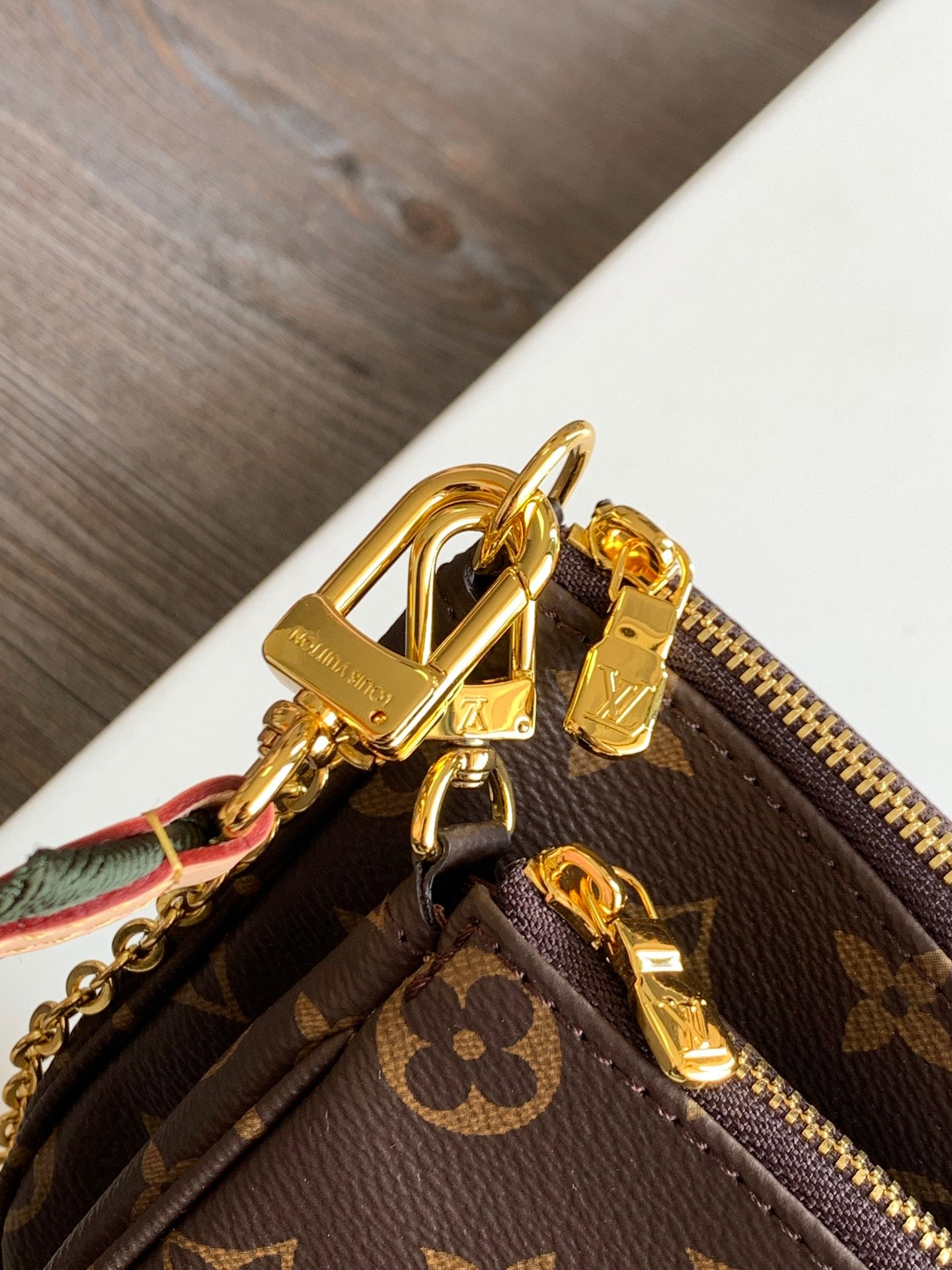 Louis Vuitton Classic Monogram Canvas Double Pouch Crossbody Bag with Green Strap