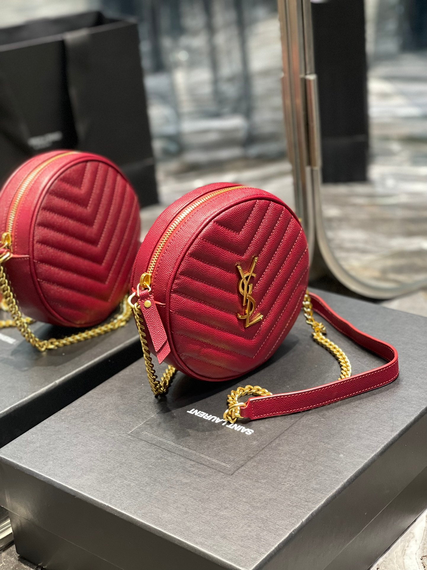 Saint Laurent Vinyle Round Camera Bag in Chevron-Quilted Leather - Red
