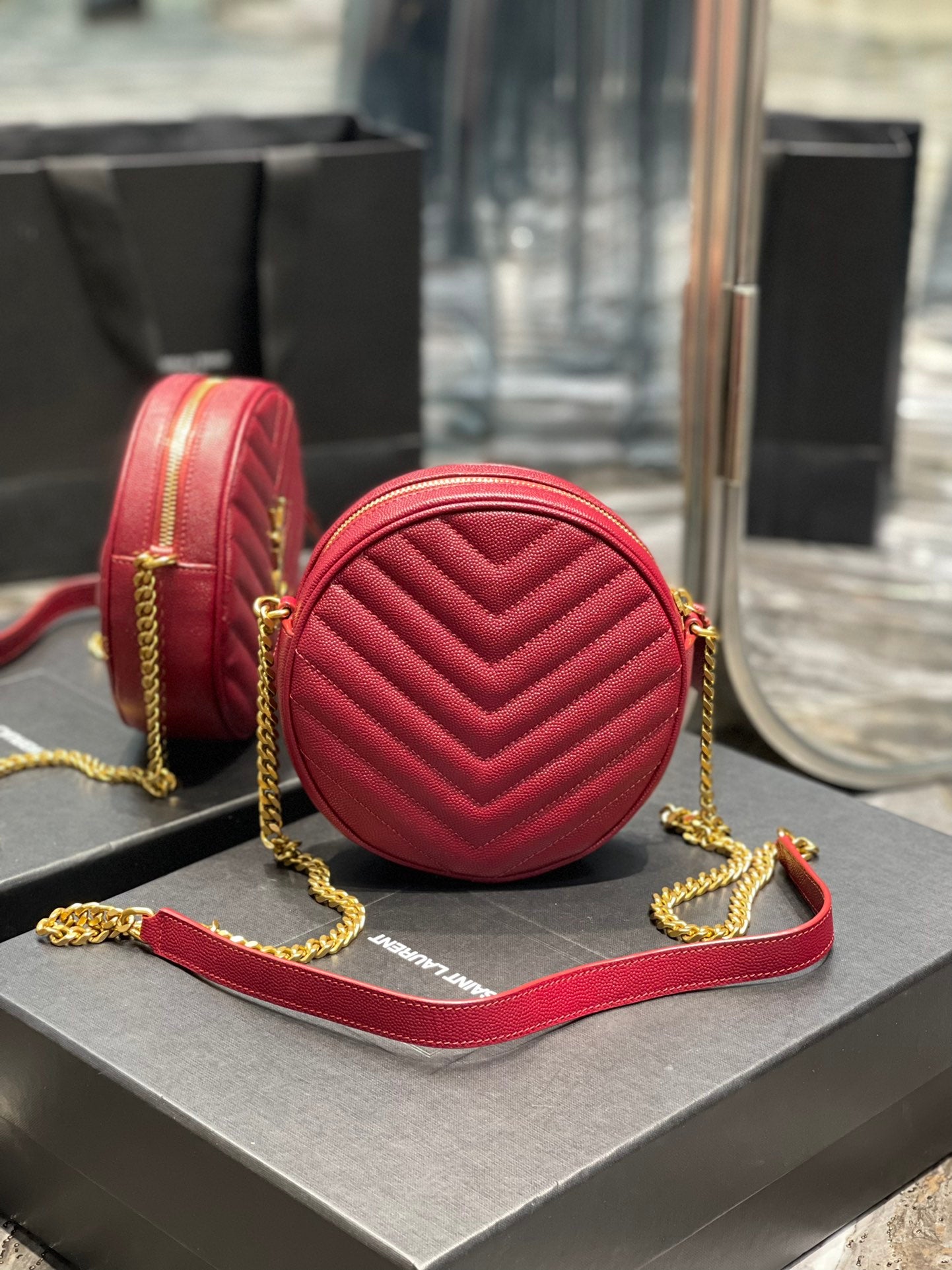 Saint Laurent Vinyle Round Camera Bag in Chevron-Quilted Leather - Red