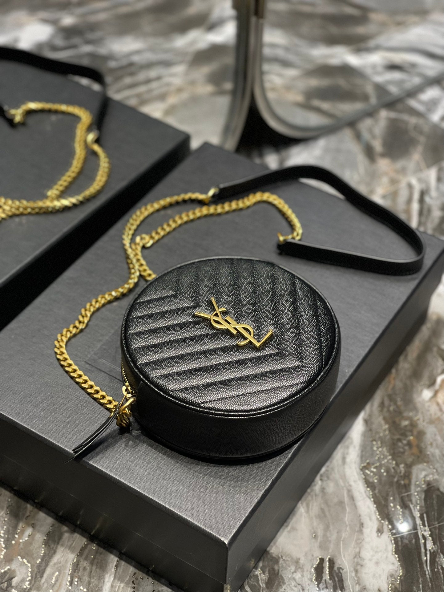 Saint Laurent Vinyle Round Camera Bag in Chevron Quilted Leather - Black