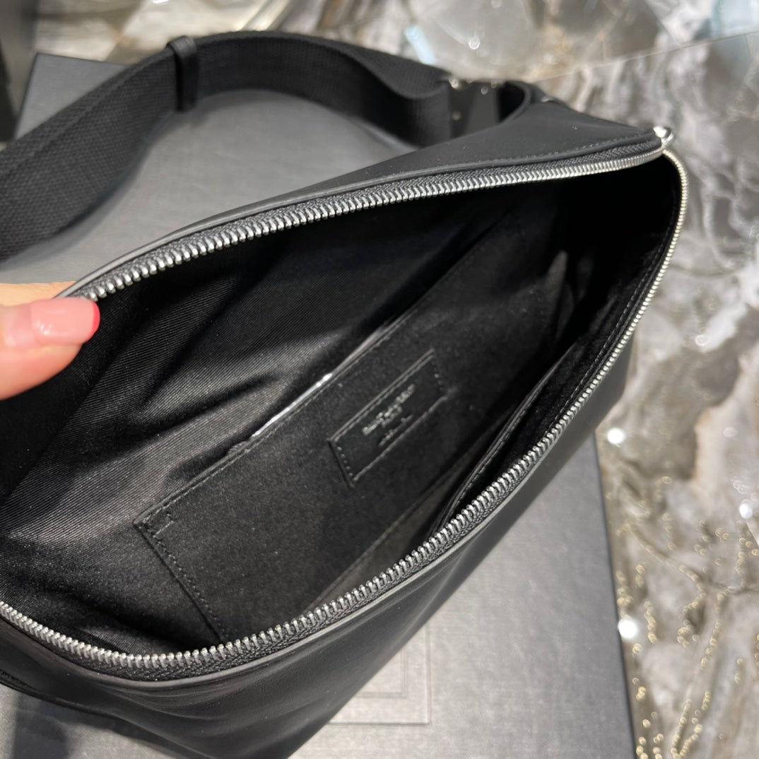 Saint Laurent Black Smooth Leather Belt Bag with Silver-Tone Hardware