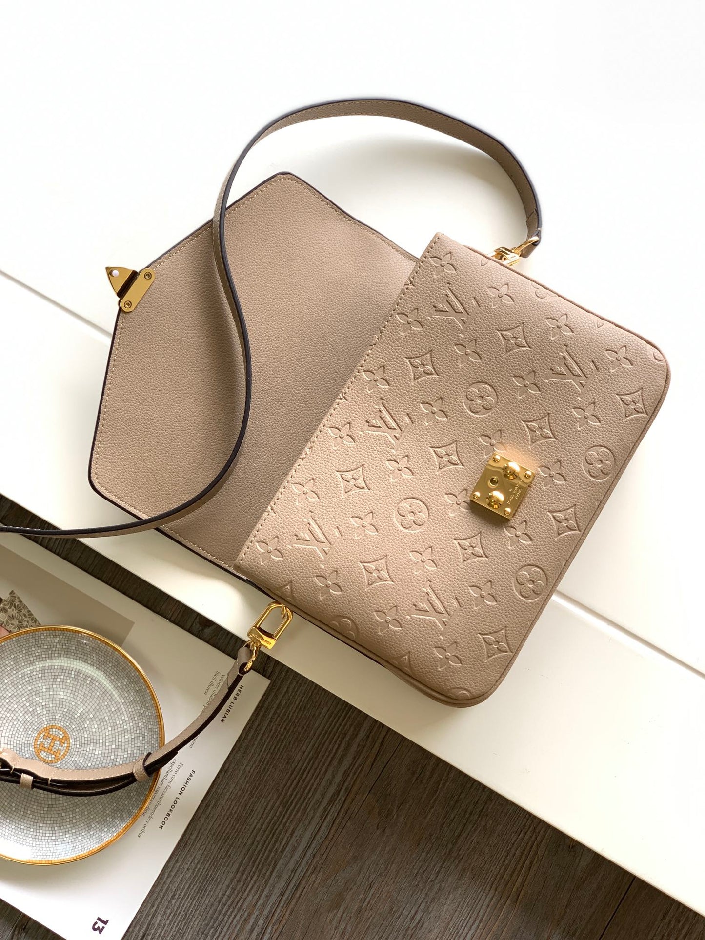 Louis Vuitton Taupe Embossed Leather Crossbody Satchel with Top Handle
