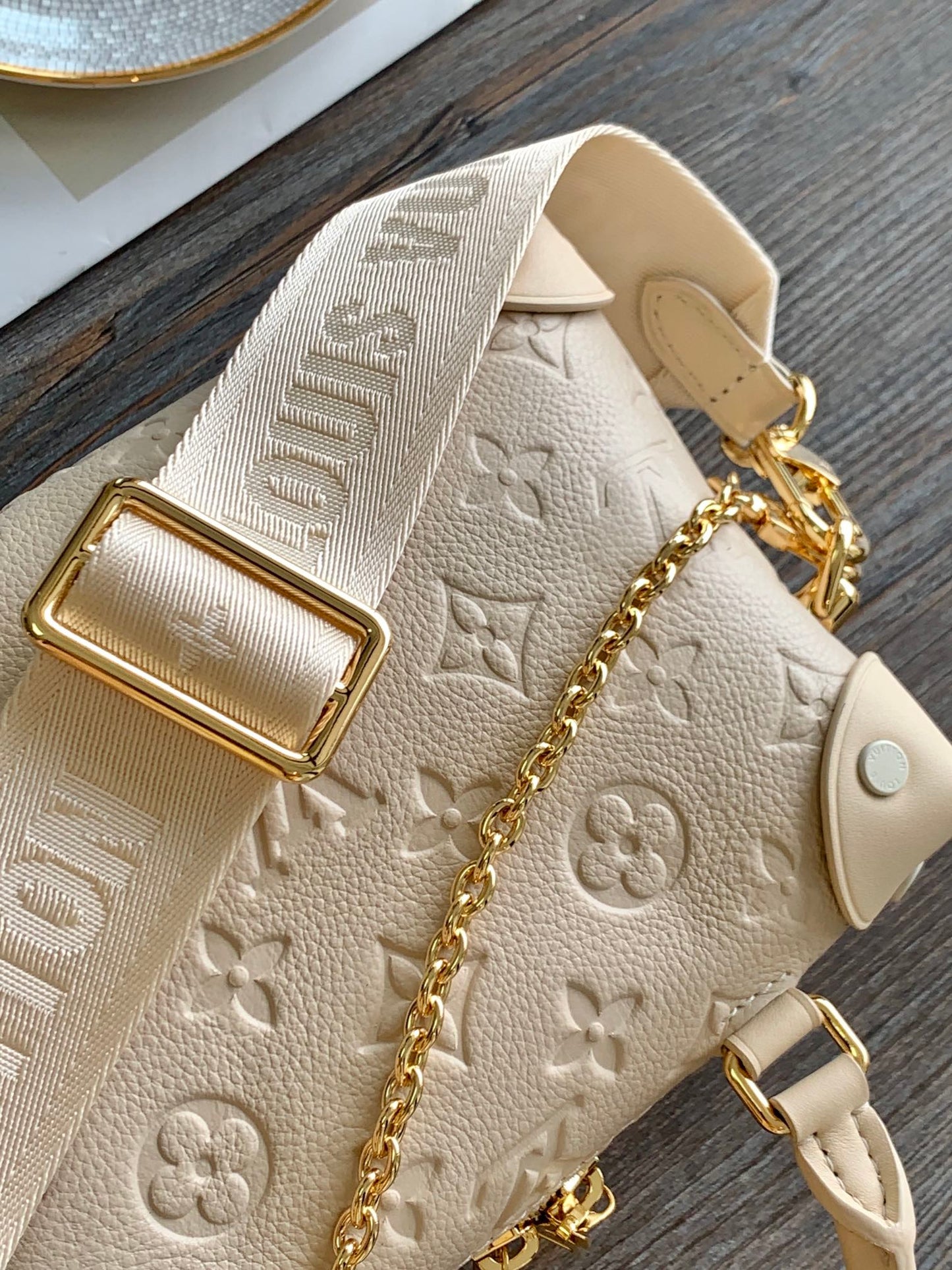 Louis Vuitton Beige Embossed Leather Trunk Bag with Wide Strap and Chain