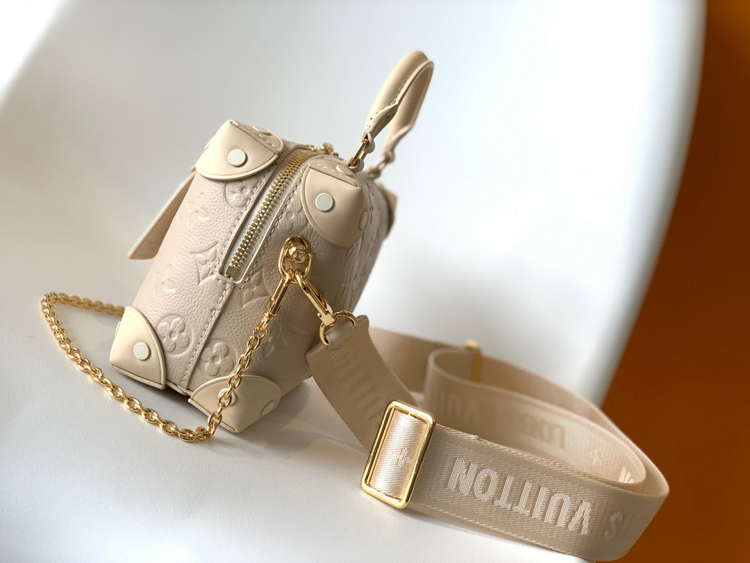 Louis Vuitton Beige Embossed Leather Trunk Bag with Wide Strap and Chain