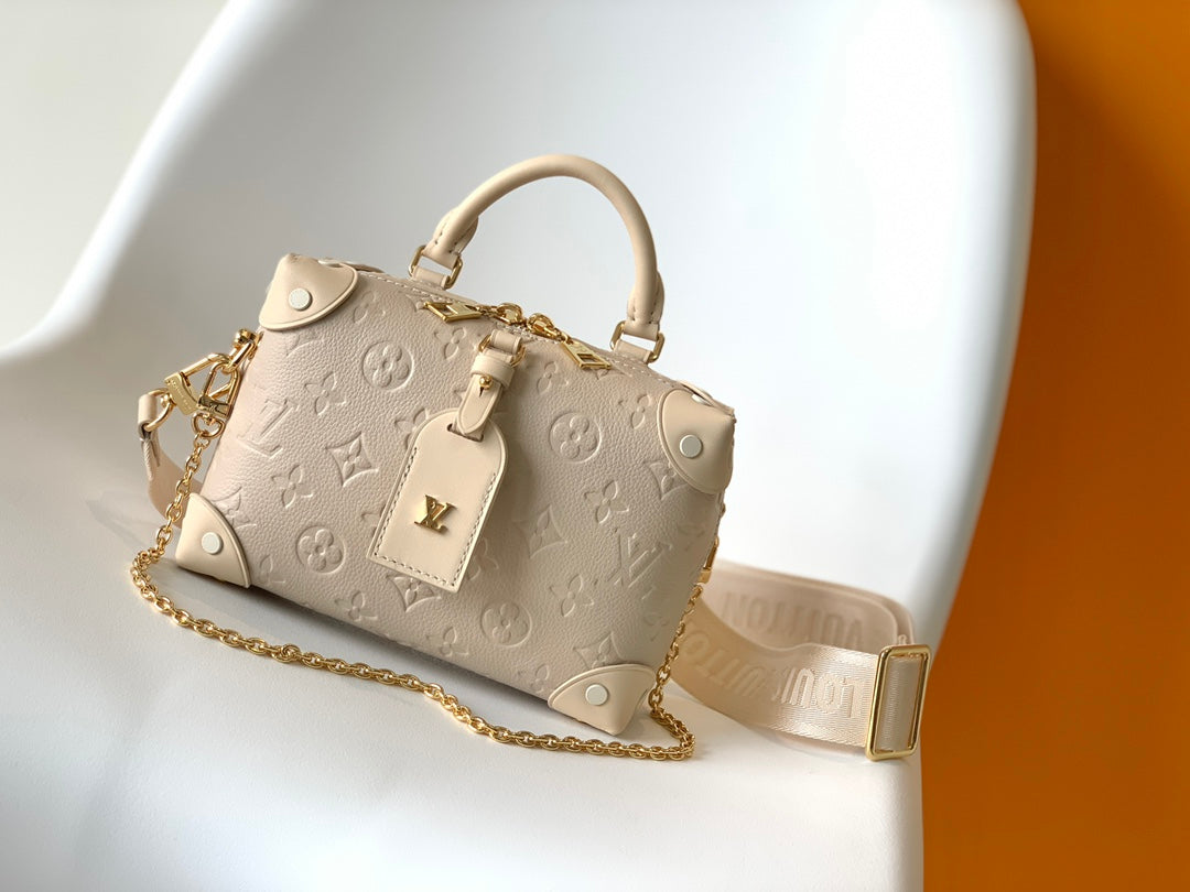Louis Vuitton Beige Embossed Leather Trunk Bag with Wide Strap and Chain