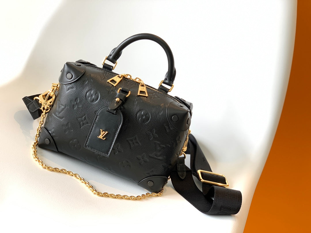 Louis Vuitton Black Embossed Crossbody Handbag with Wide Strap and Gold Chain