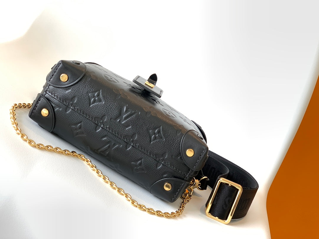 Louis Vuitton Black Embossed Crossbody Handbag with Wide Strap and Gold Chain