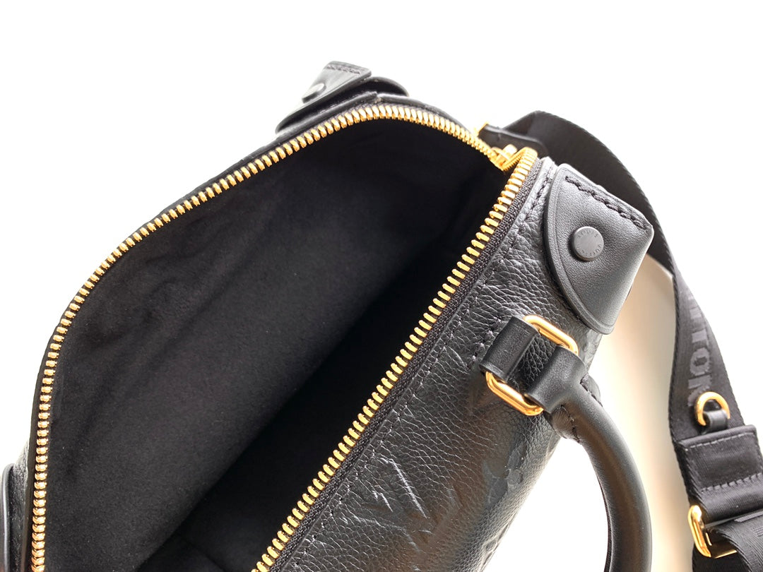 Louis Vuitton Black Embossed Crossbody Handbag with Wide Strap and Gold Chain