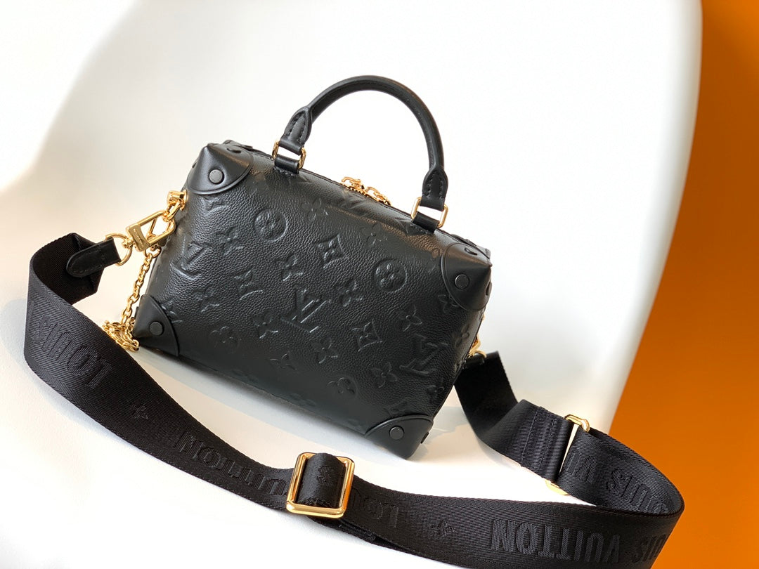 Louis Vuitton Black Embossed Crossbody Handbag with Wide Strap and Gold Chain