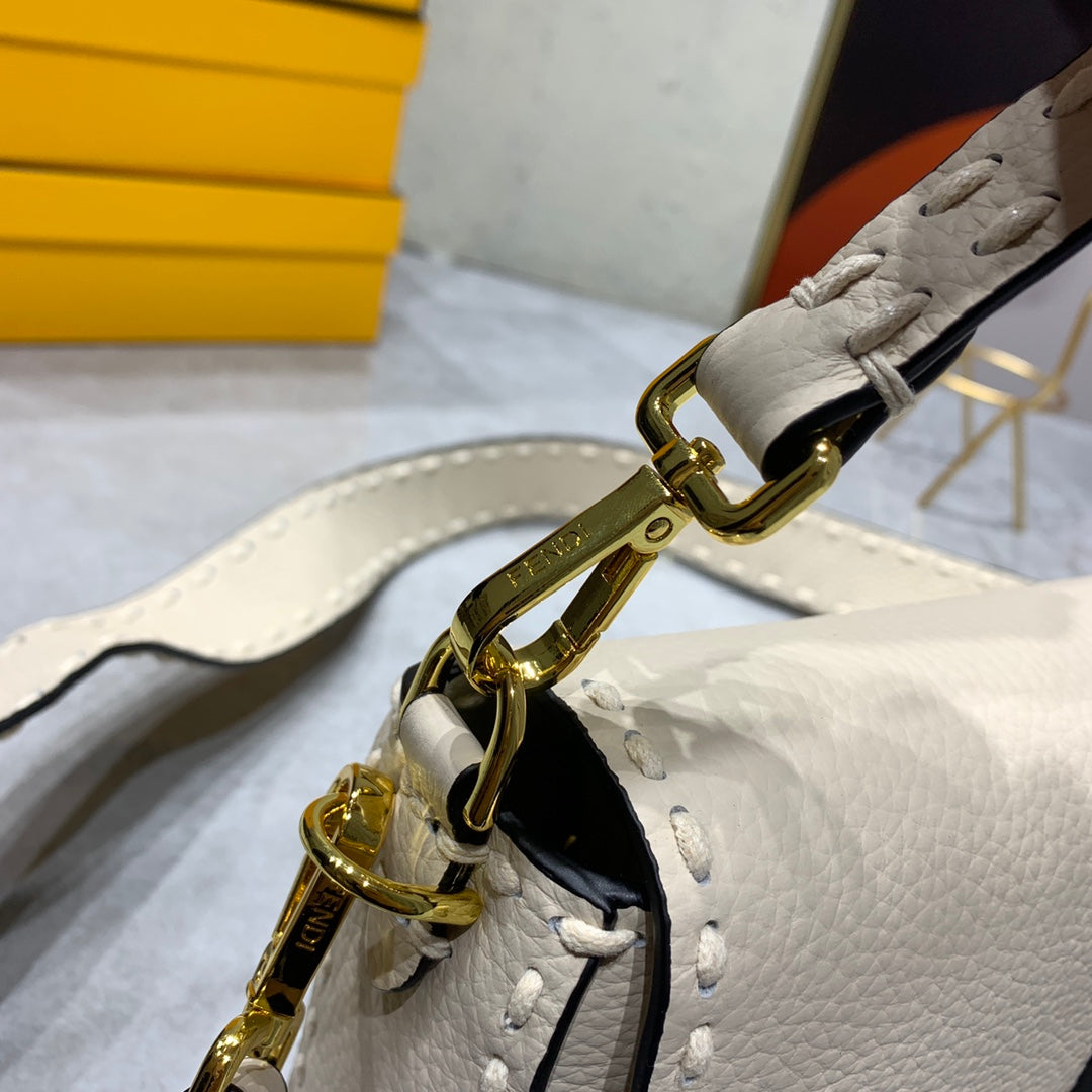 Fendi Baguette Beige Leather Shoulder Bag with Stud Detailing