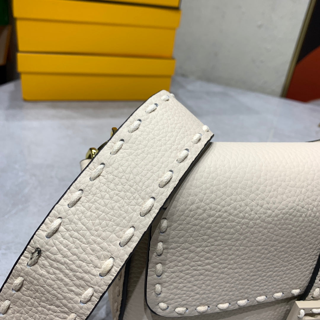 Fendi Baguette Beige Leather Shoulder Bag with Stud Detailing