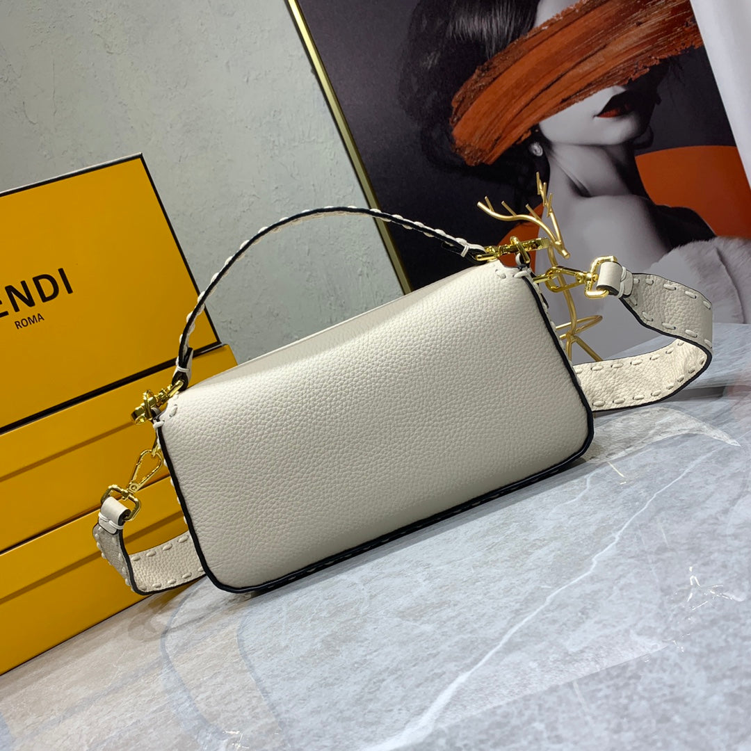 Fendi Baguette Beige Leather Shoulder Bag with Stud Detailing