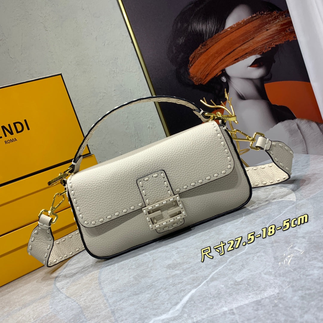 Fendi Baguette Beige Leather Shoulder Bag with Stud Detailing