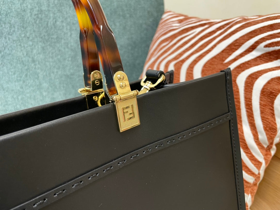 Fendi Sunshine Shopper Medium Black Leather Tote Bag