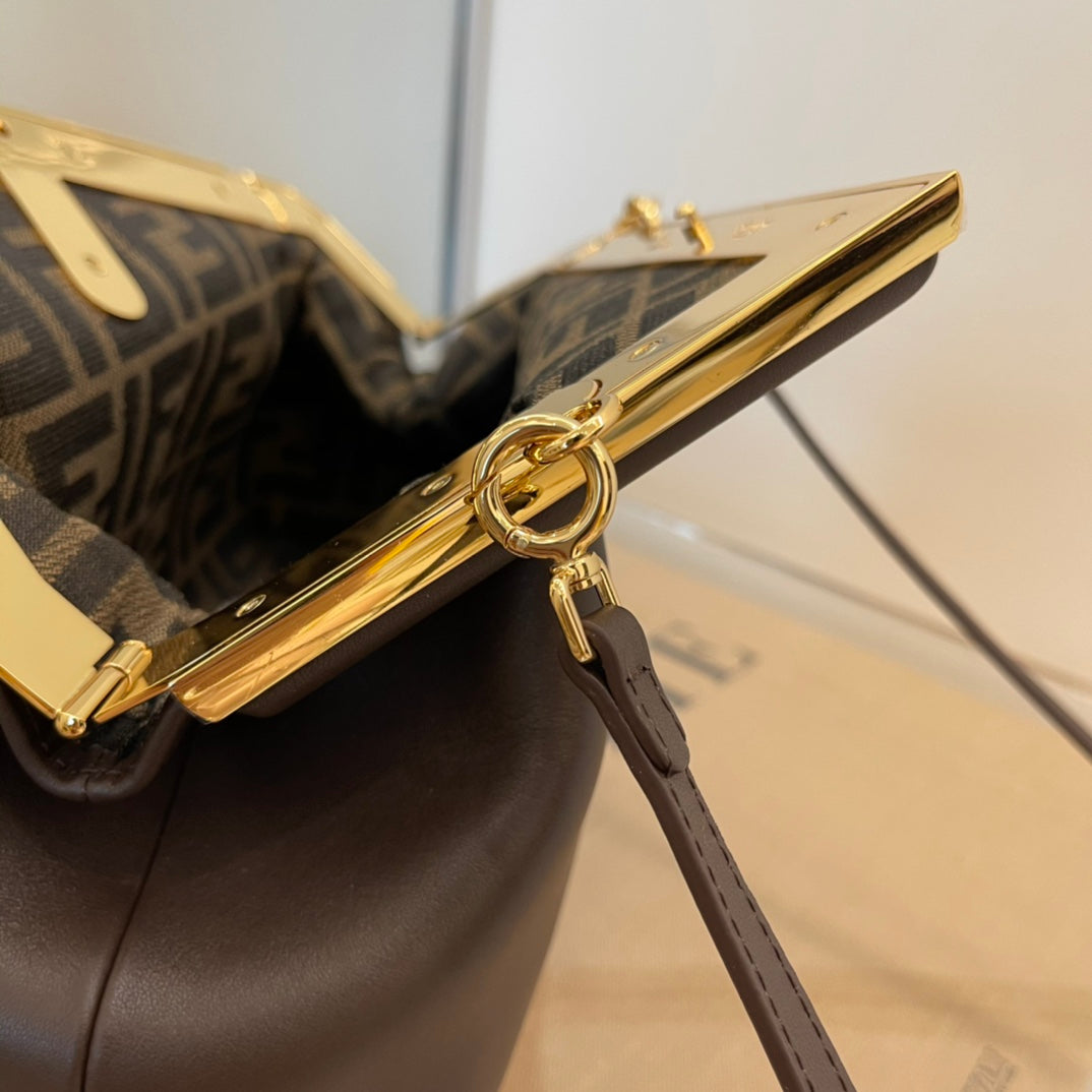 Brown Leather Asymmetrical Frame Clutch Bag - Elegant Gold Hardware Crossbody