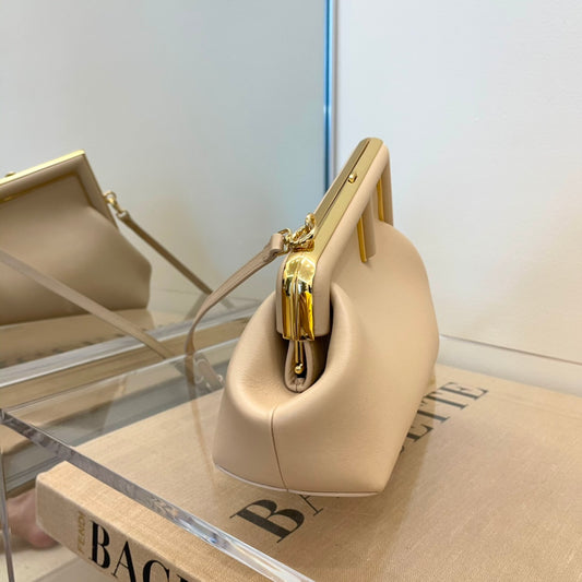 Beige Designer Style Frame Clasp Handbag - Elegant Cream Clutch with Gold-Tone Chain Strap