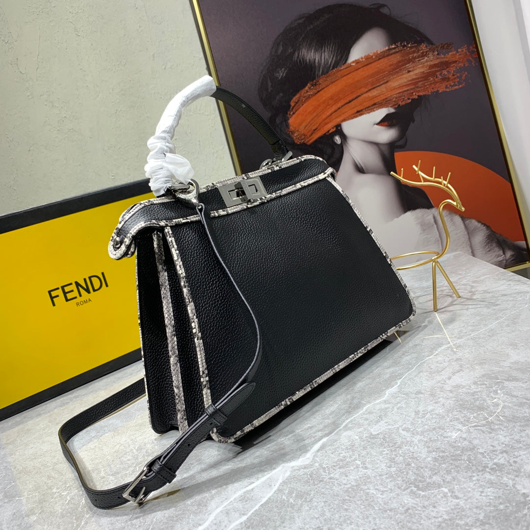 Fendi Peekaboo Medium Black Leather Handbag with Patterned Trim