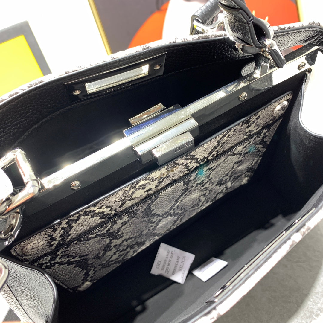 Fendi Peekaboo Medium Black Leather Handbag with Patterned Trim