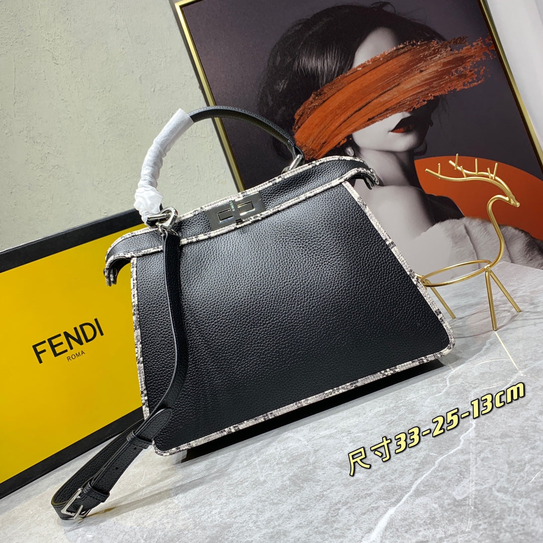 Fendi Peekaboo Medium Black Leather Handbag with Patterned Trim