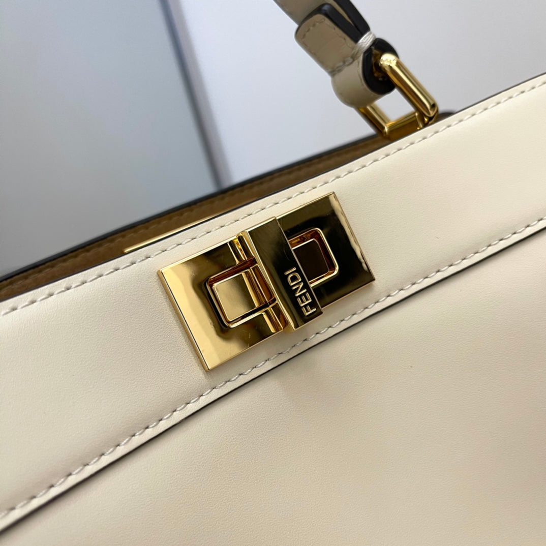 Fendi Peekaboo Iconic Mini Cream Leather Handbag with Gold-Tone Hardware