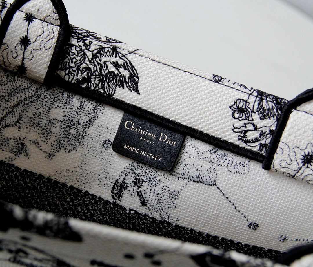 Christian Dior Book Tote Bag - White and Black Toile de Jouy Zodiac Embroidered Canvas