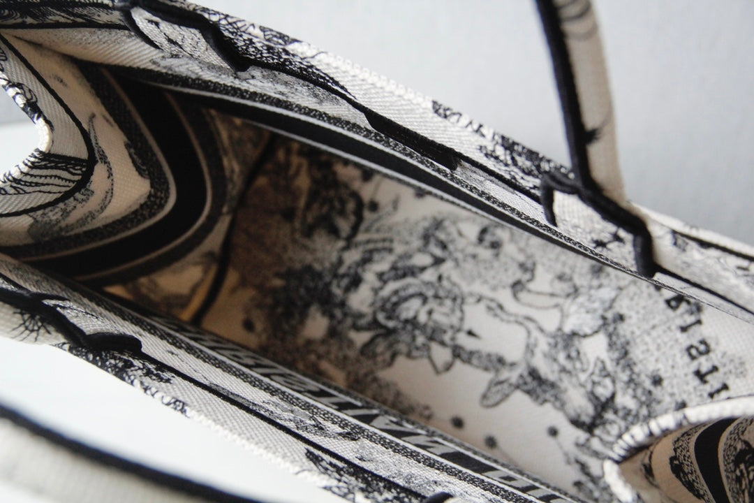 Christian Dior Book Tote Bag - White and Black Toile de Jouy Zodiac Embroidered Canvas