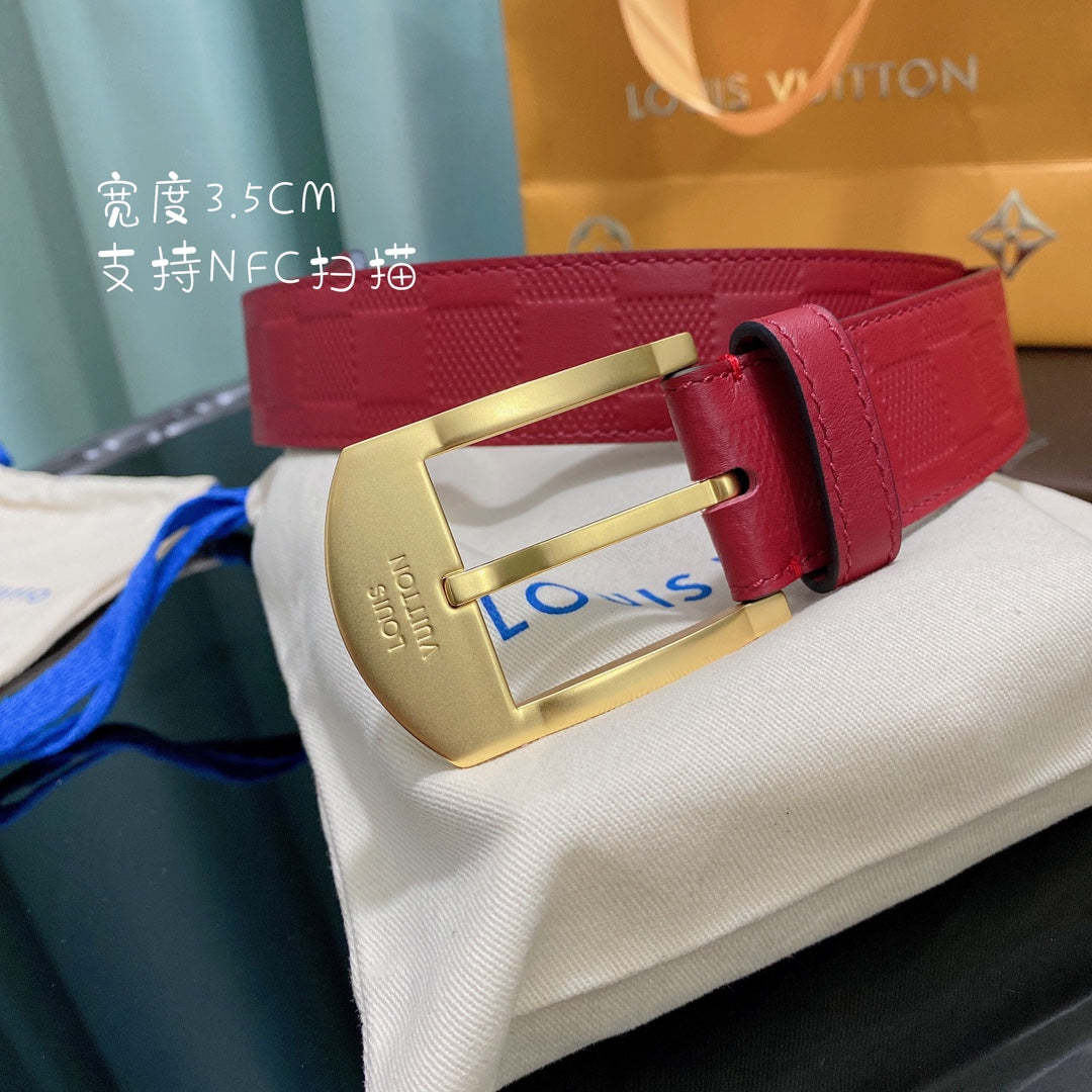 Louis Vuitton Red Damier Infini Leather Belt with Gold-Tone Buckle, 3.5cm Width