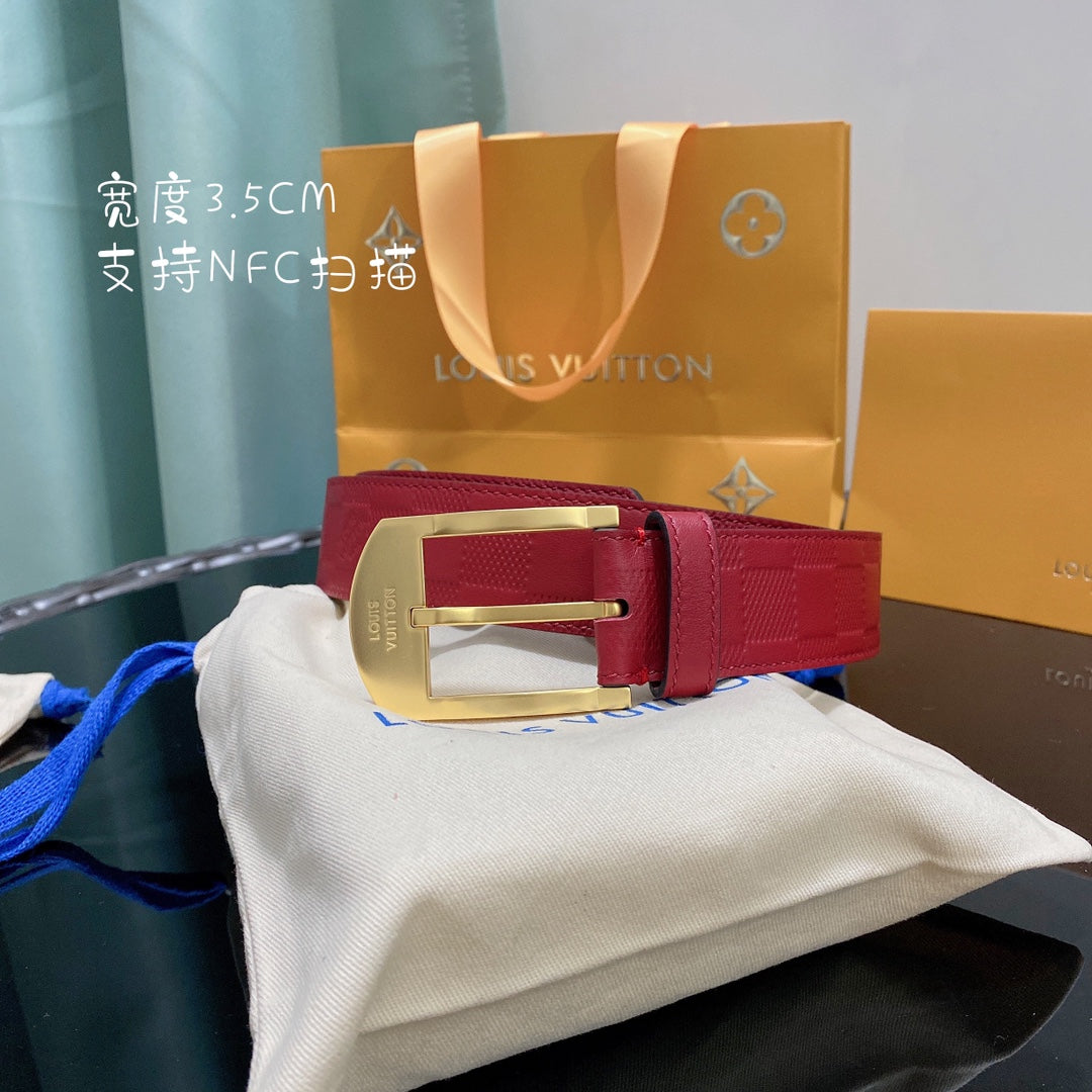 Louis Vuitton Red Damier Infini Leather Belt with Gold-Tone Buckle, 3.5cm Width