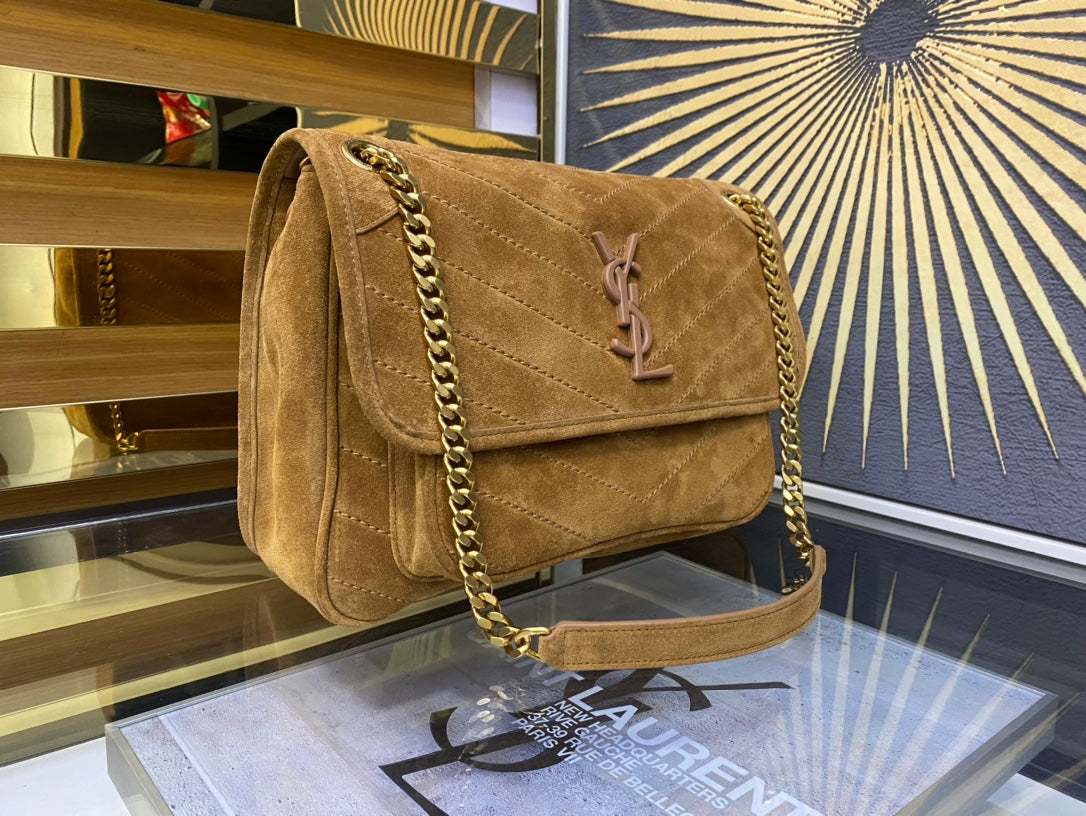 Saint Laurent Medium Niki Shoulder Bag in Tan Suede with Gold Hardware
