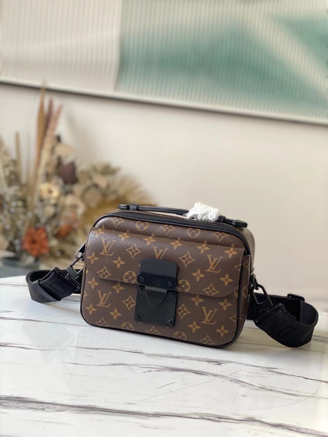 Louis Vuitton Brown Monogram Crossbody Messenger Bag with Black Strap